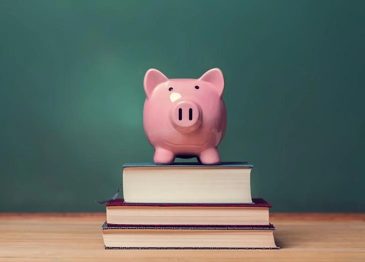A pink piggy bank sits atop a stack of books